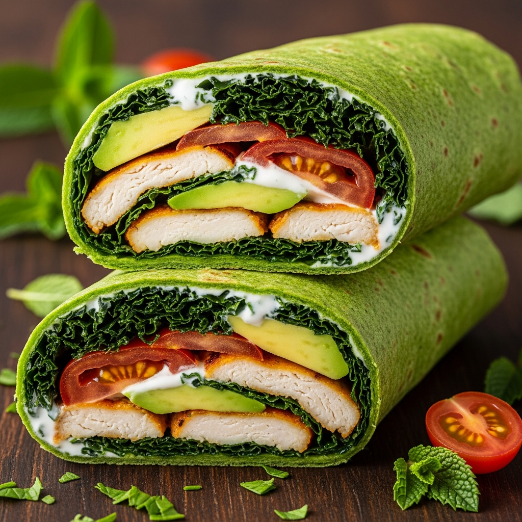 AI_IMAGE: Close-up of a fresh green spinach wrap filled with grilled chicken strips, avocado slices, crispy kale, cherry tomatoes, and mint yogurt sauce, cut in half showing the colorful cross-section, on dark wooden board with scattered herbs. Natural lighting, food photography | photorealistic | square