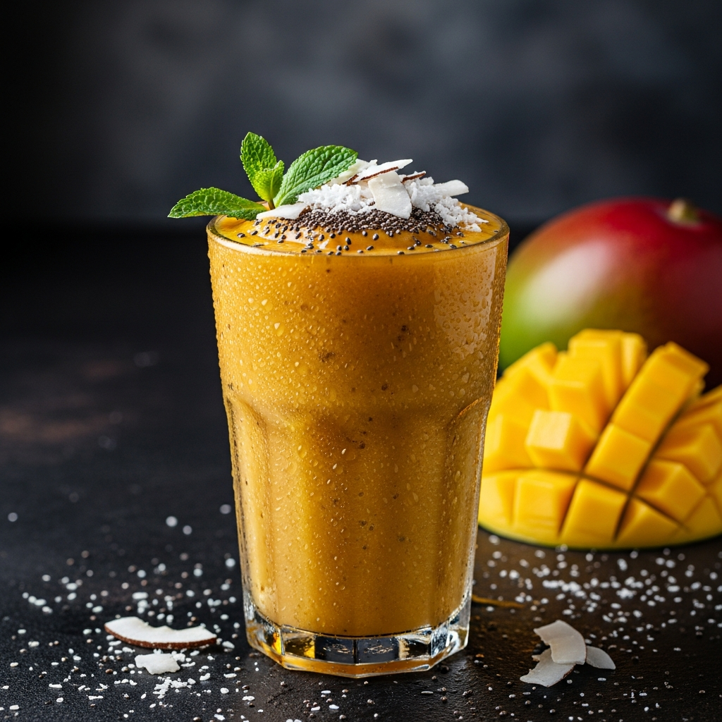 AI_IMAGE: A tall glass filled with golden-orange mango smoothie topped with chia seeds, coconut flakes, and a fresh mint sprig, set against a dark moody background. Condensation on the glass. A halved mango and scattered coconut shreds visible nearby. Dramatic lighting, food photography style | photorealistic | square