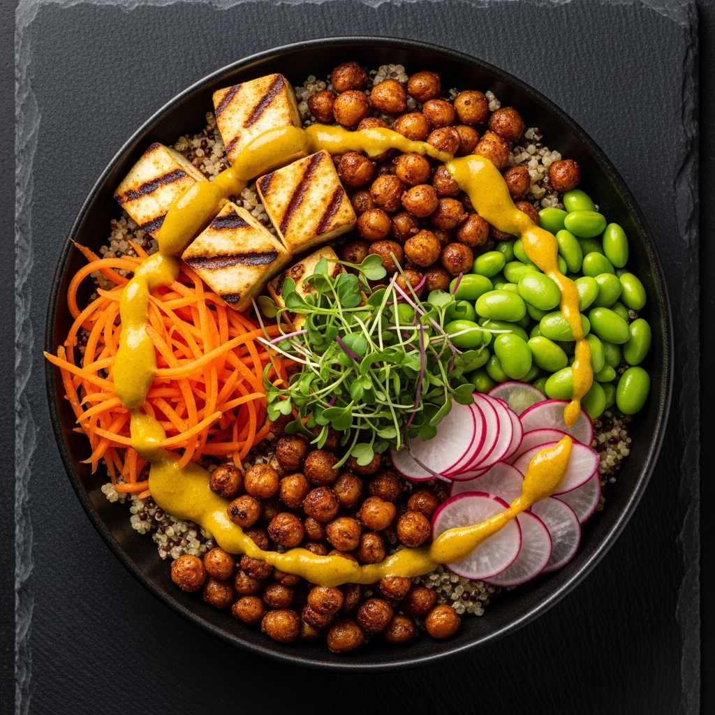 AI_IMAGE: Overhead shot of a vibrant power bowl with quinoa base, grilled paneer cubes, roasted chickpeas, shredded carrots, edamame, sliced radish, microgreens, and golden turmeric tahini dressing on a dark slate surface. Rich warm tones, dramatic side lighting, food photography style | photorealistic | square