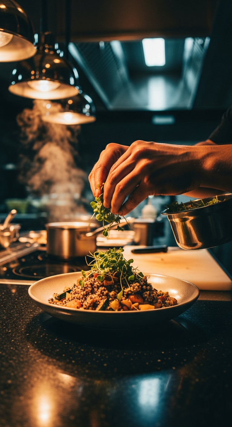 AI_IMAGE: A chef's hands assembling a fresh grain bowl in a modern open kitchen, sprinkling microgreens on top. The kitchen has dark industrial surfaces with warm pendant lights. Steam rises from a pot in the background. Cinematic moody lighting with warm amber tones. Candid food preparation moment, documentary photography style | photorealistic | portrait